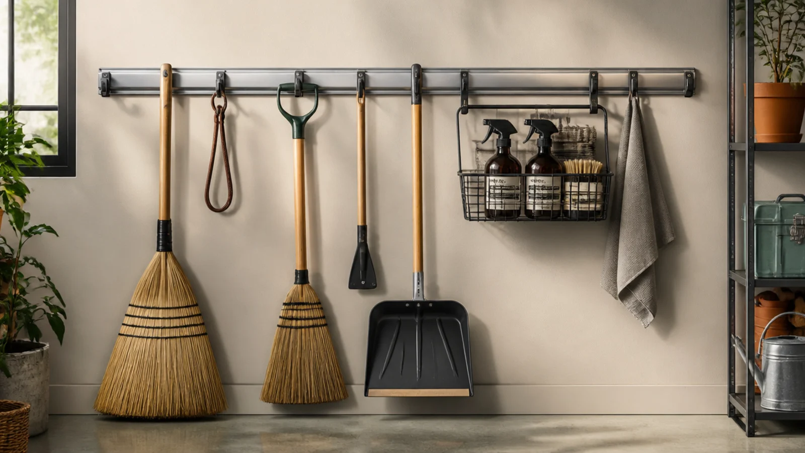 One horizontal steel rail on a small garage wall with hooks and a basket holding brooms, a dustpan, and spray bottles.