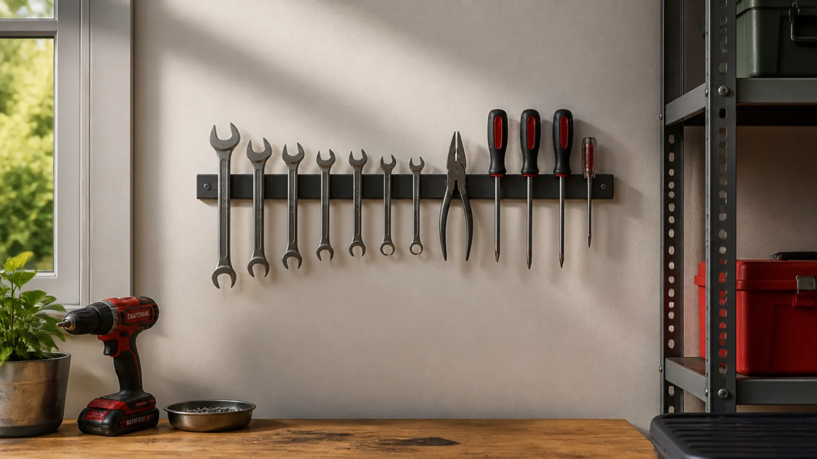 A magnetic bar on a small garage wall holding metal wrenches, pliers, and screwdrivers flat in a tidy row.