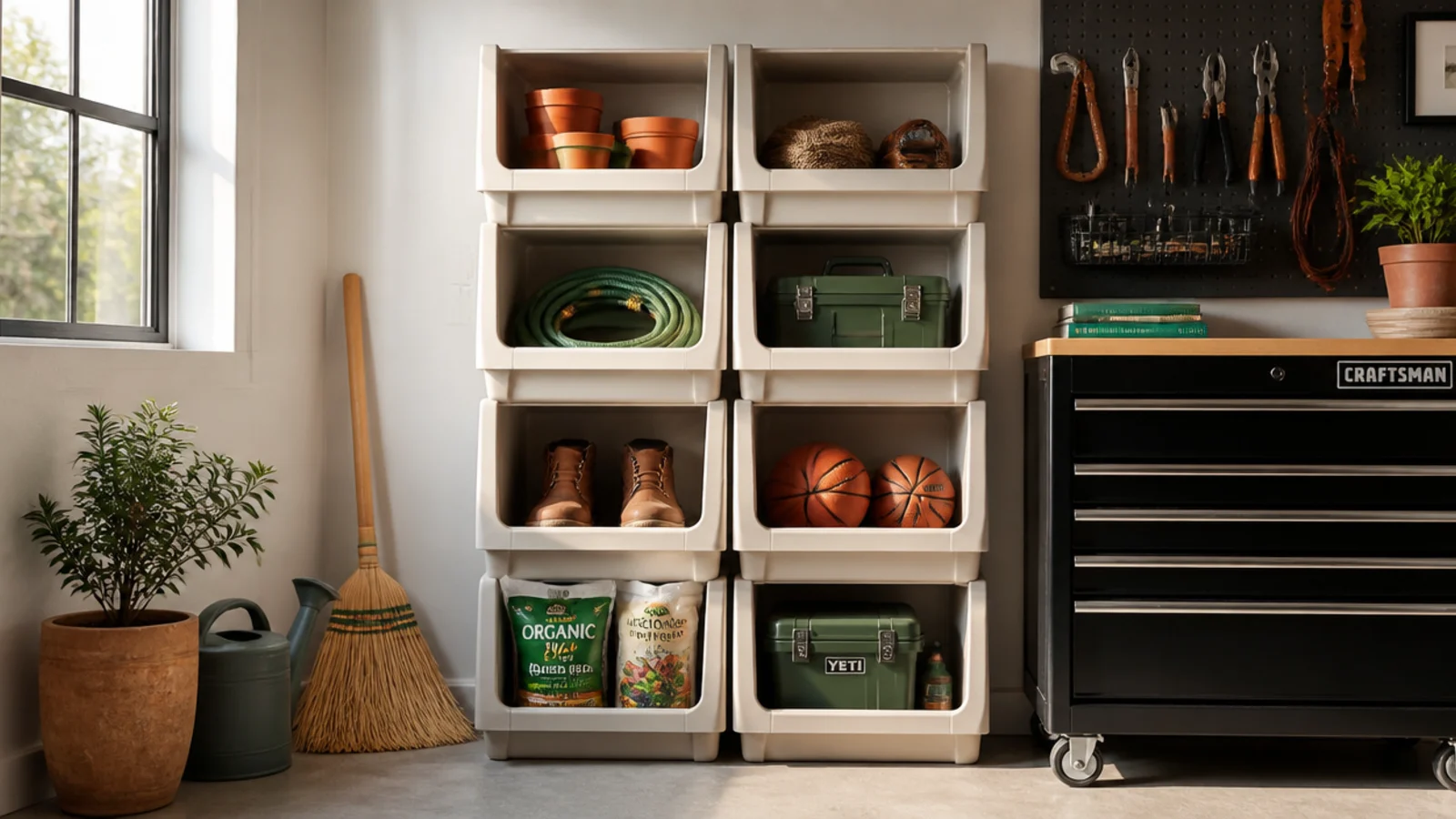 A column of stackable nesting bins with open fronts in a small garage, stacked tall against the wall holding supplies.