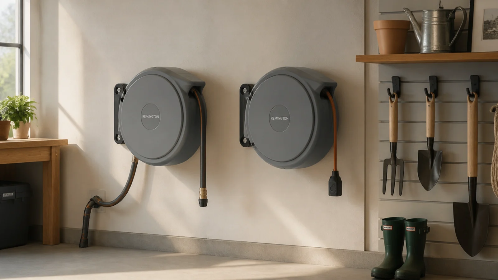 Wall-mounted retractable reels in a small garage neatly holding a garden hose and an extension cord fully wound in.