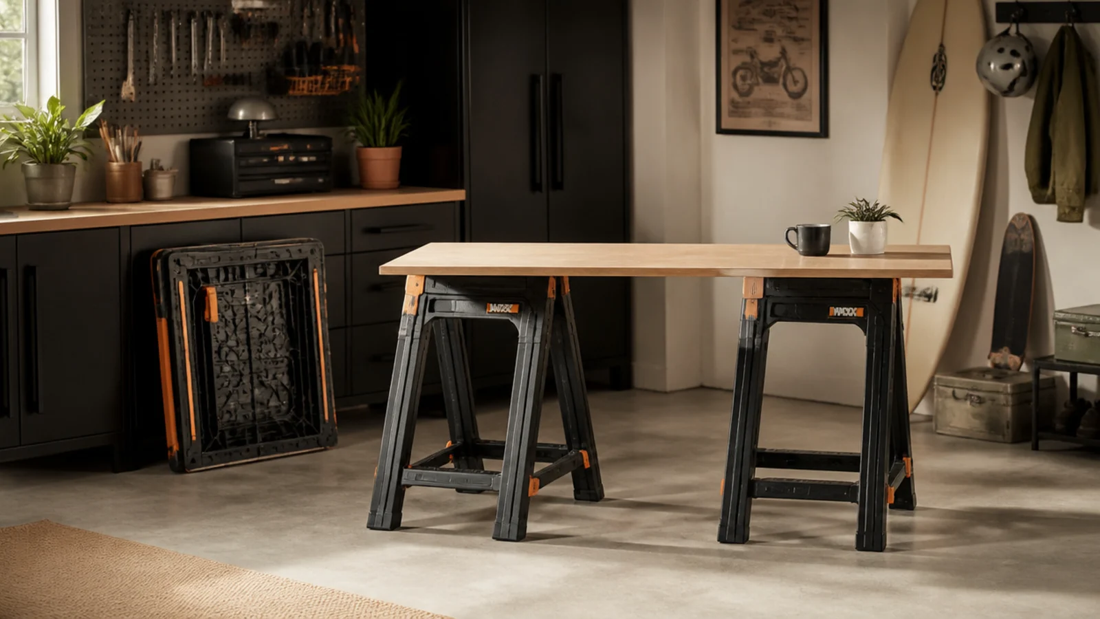 A pair of folding sawhorses topped with a plywood sheet forming a temporary table in a small garage, shown folded flat beside it.