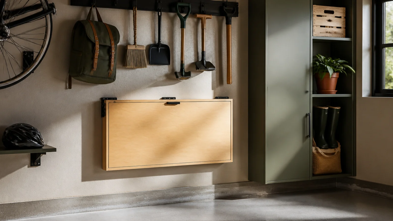A hinged drop-leaf shelf mounted on a small garage wall, folded up flat, ready to drop down as a small work ledge.