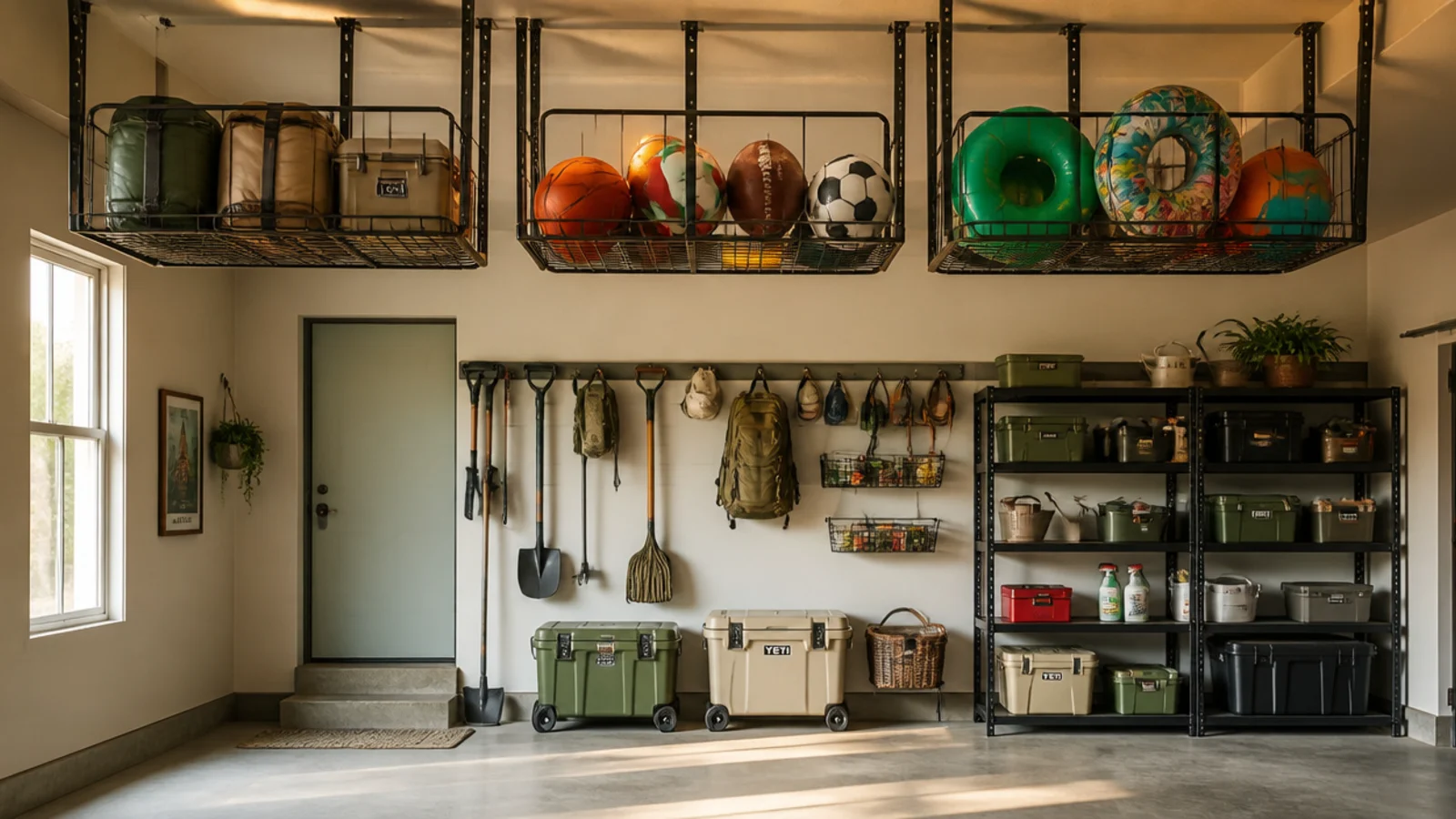 Wire baskets suspended from the ceiling of a small garage holding light items like balls, camping gear, and pool floats.