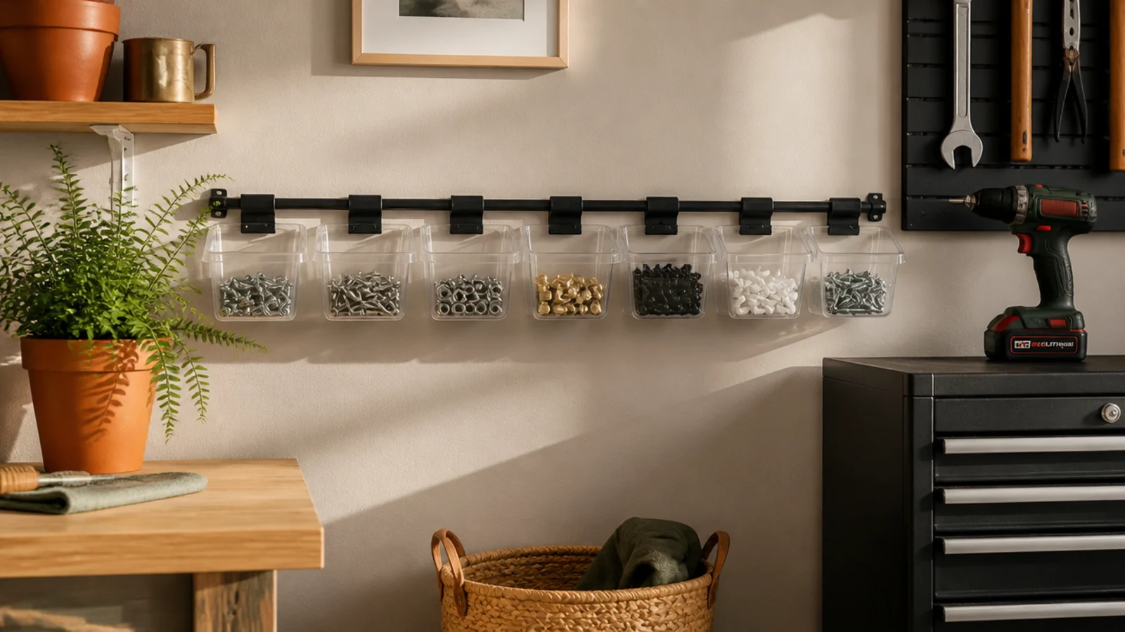 A wall rail in a small garage with small parts bins hanging from it in a row, each holding sorted hardware.