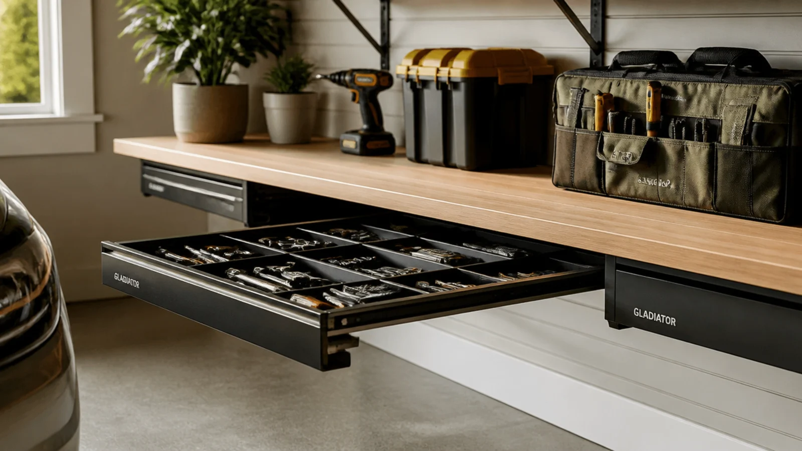 Sliding drawers mounted to the underside of a fixed garage shelf, one pulled out showing sorted small tools.