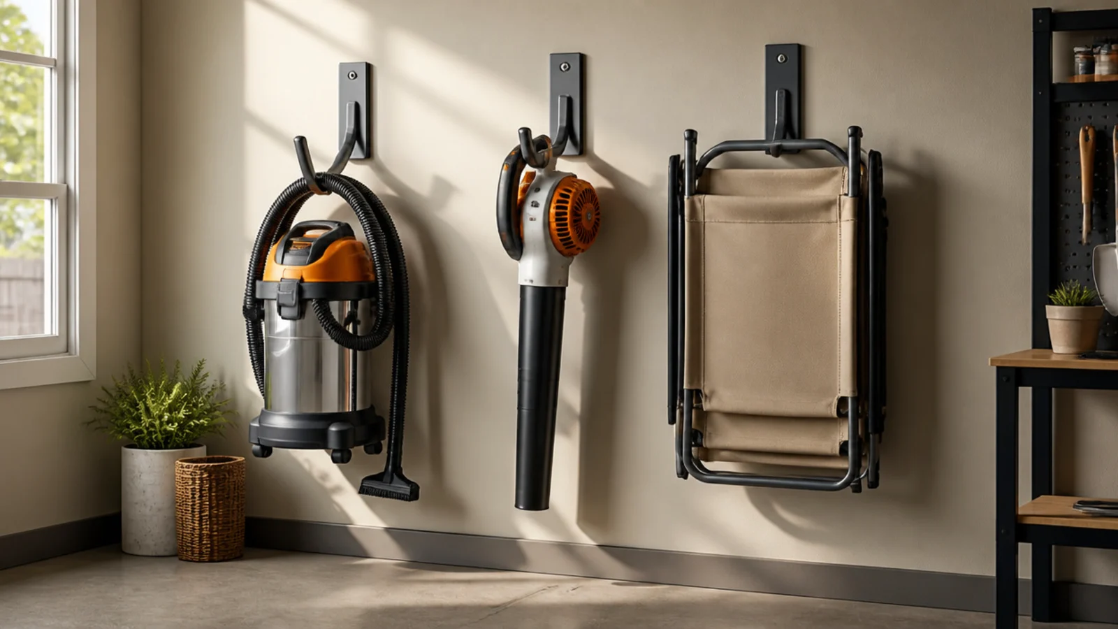 Large wall hooks in a small garage holding a shop vacuum, a leaf blower, and a folding chair off the floor.