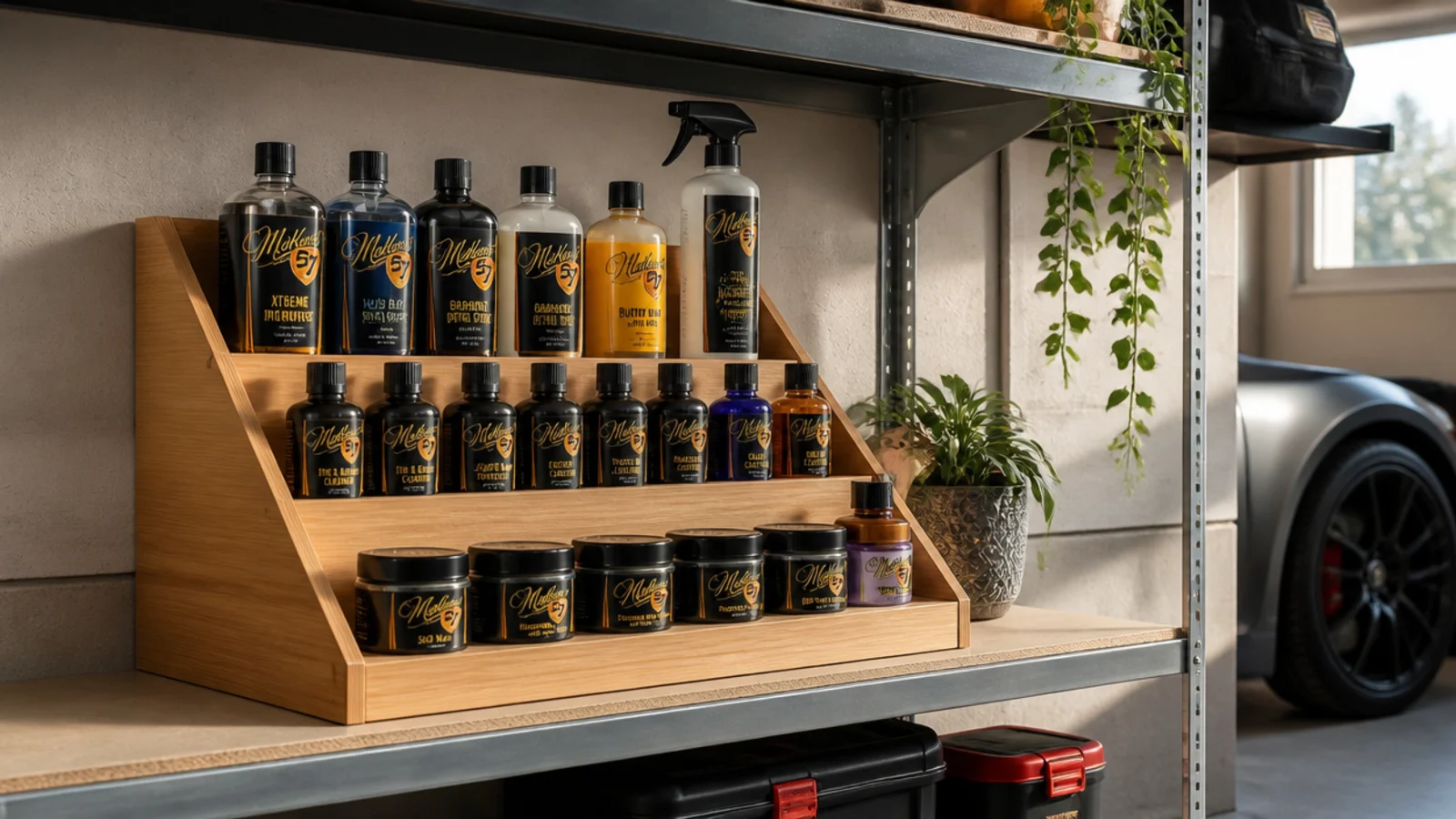A stadium-style tiered shelf riser on a garage shelf holding small bottles and jars so every label is visible.