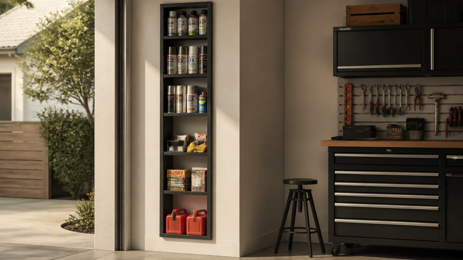 A shallow narrow shelf unit mounted in the wall space behind a swinging garage side door, holding cans and small supplies.