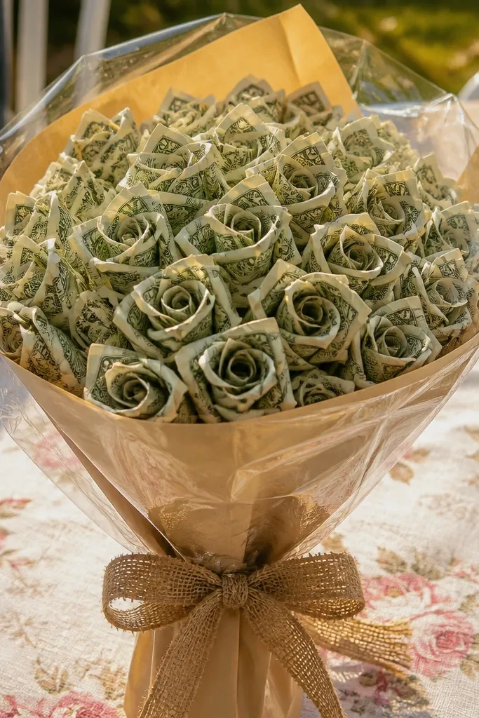 Wrapped kraft paper bouquet with folded money roses and brown ribbon