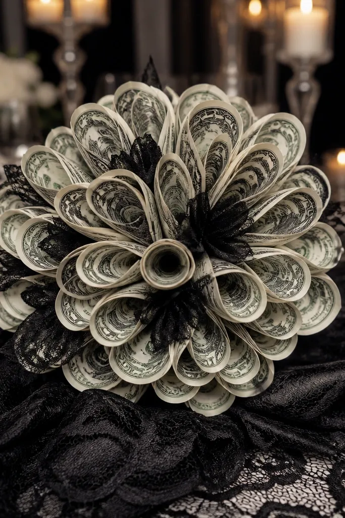 Black lace wrapped cylinder with money bills tied in loops