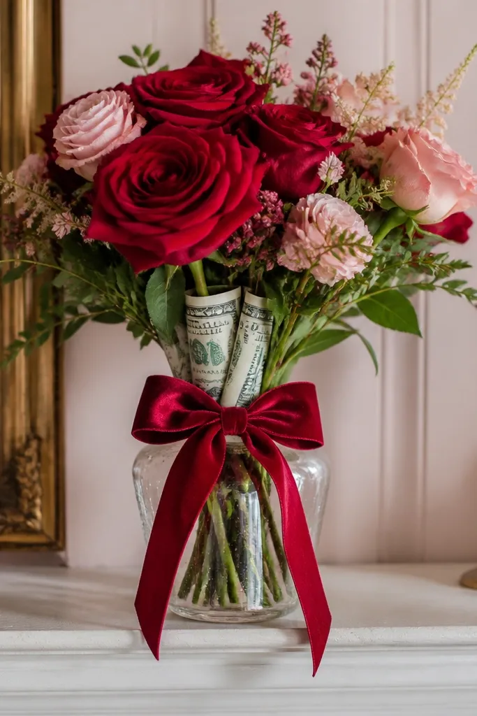 Small vase with red ribbon wrap and bill-wrapped stems