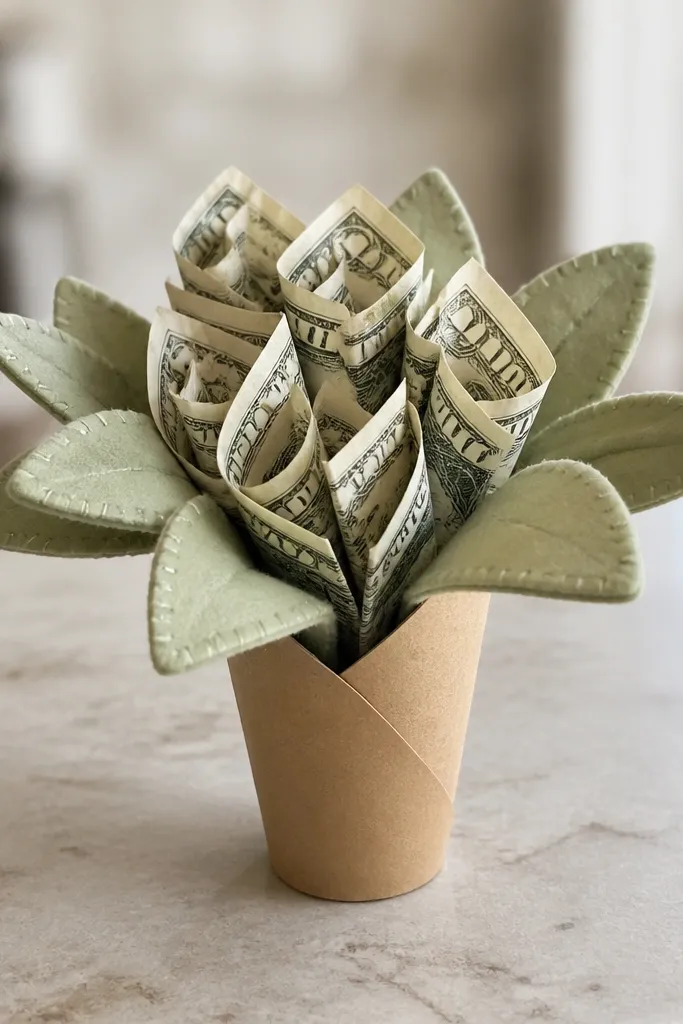 Mini bouquet with sage felt leaves and small folded money clusters