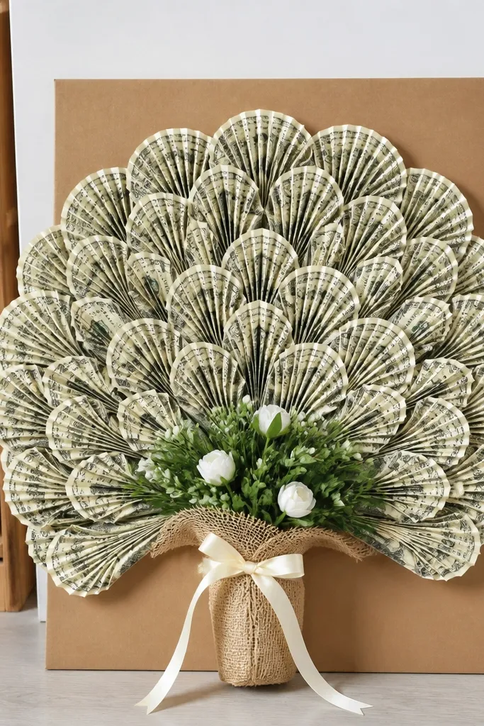 Cardboard-backed bouquet with fan-shaped folded money and ribbon trim