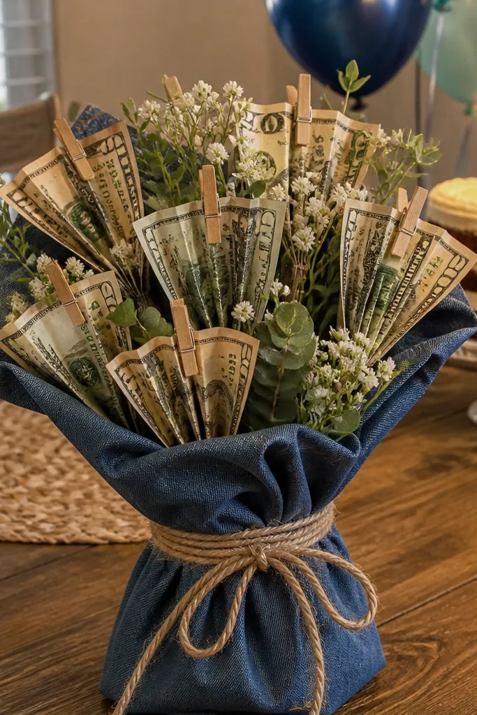 Blue fabric wrap bouquet with folded bills and twine bow