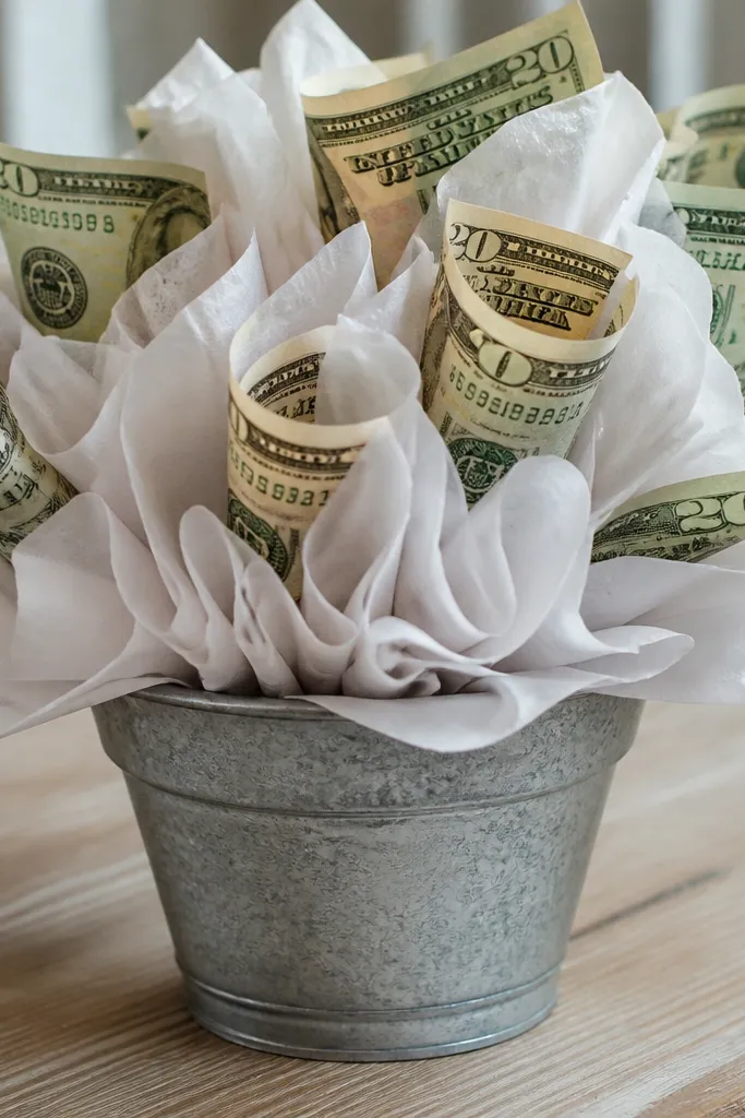 Tiny bucket wrapped in white ruffled paper with curled money bills