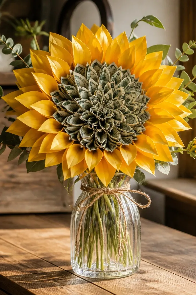 Sunflower-style bouquet with yellow paper centers and money petals