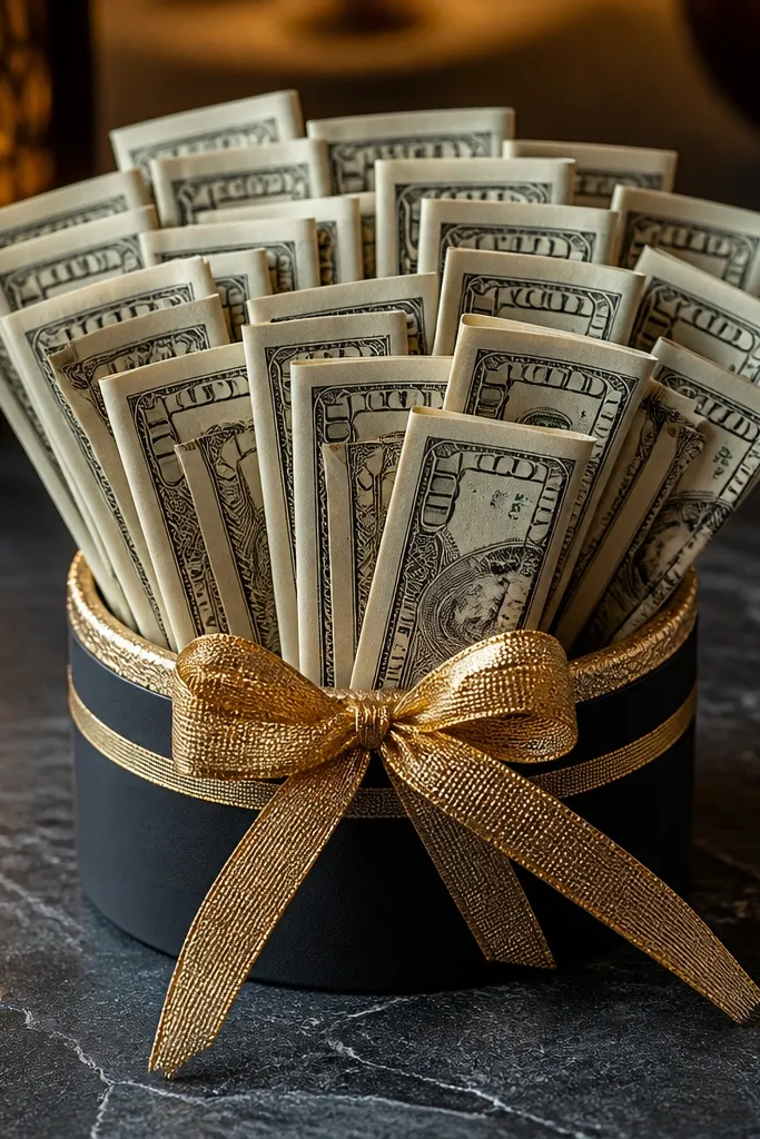 Black candle holder with gold ribbon and folded bills arranged in a ring