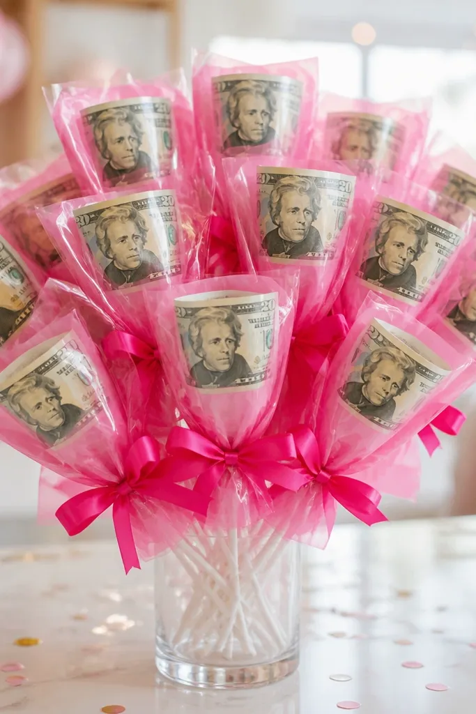 Pink wrapped bouquet with bill-wrapped stems and ribbon bows like lollipops