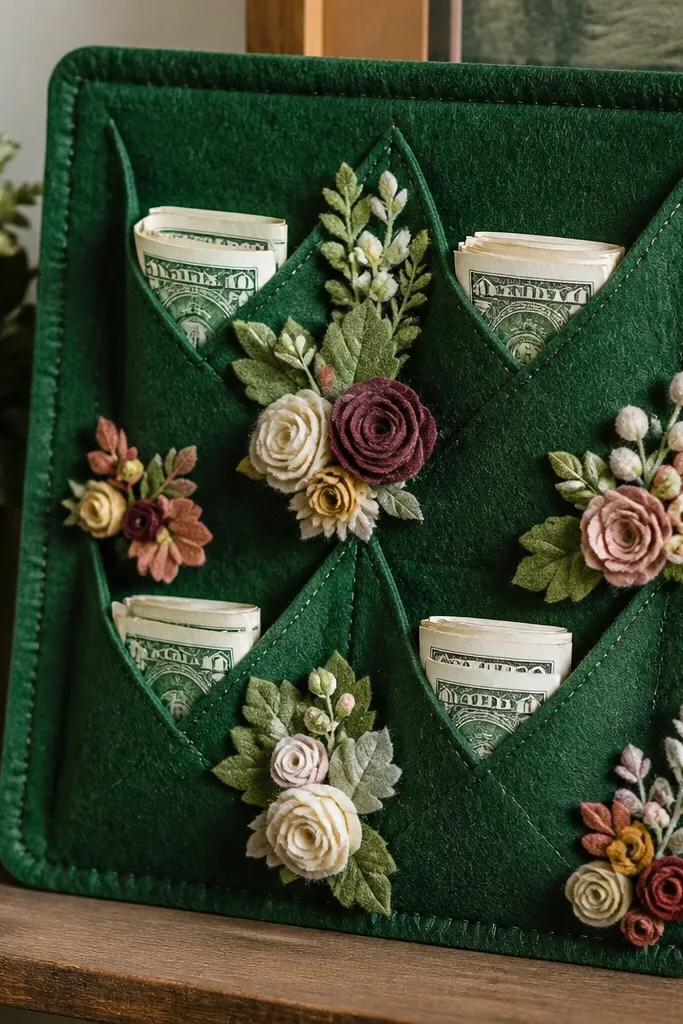 Green felt pocket bouquet with small money slips and mini flower picks