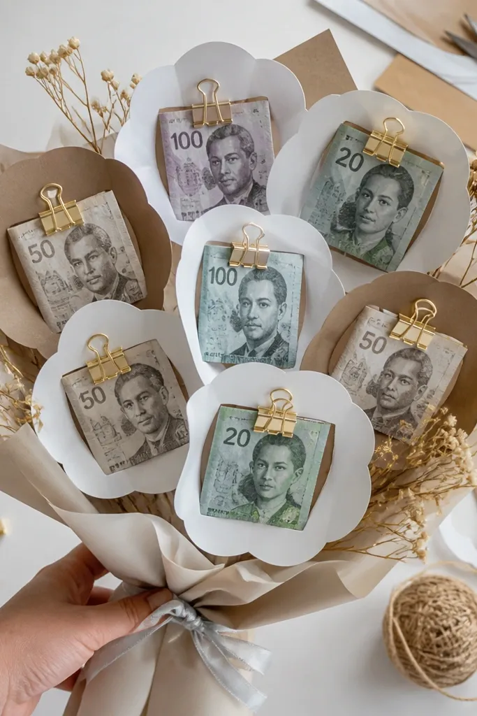 Paper flower frame bouquet with money clipped to stems