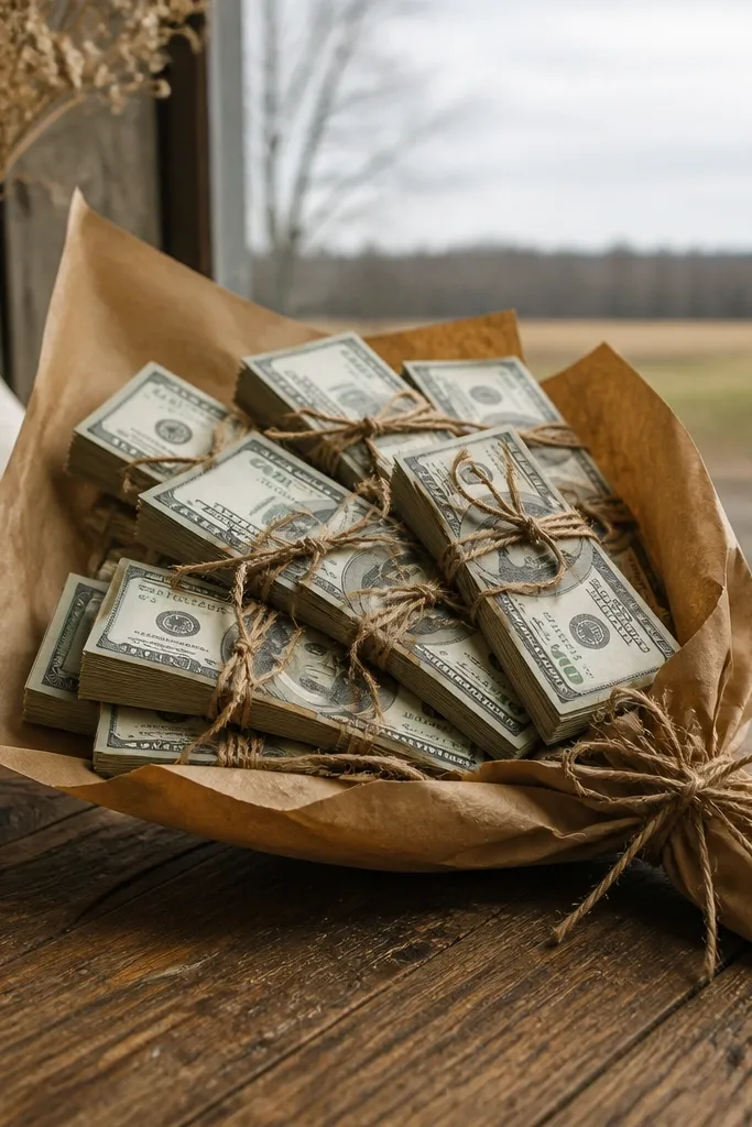 Brown paper bundles tied with twine and arranged like a bouquet