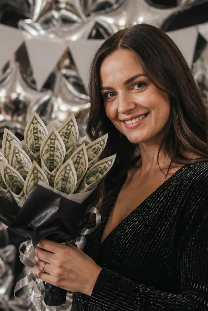 Silver star decor bouquet with money folded into pointed shapes