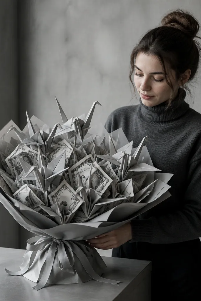 Gray-toned bouquet with crane-shaped folded money and ribbon