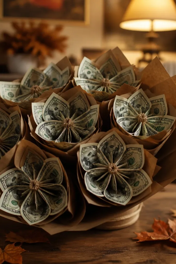 Brown paper flowers with money petals arranged on a small bouquet base