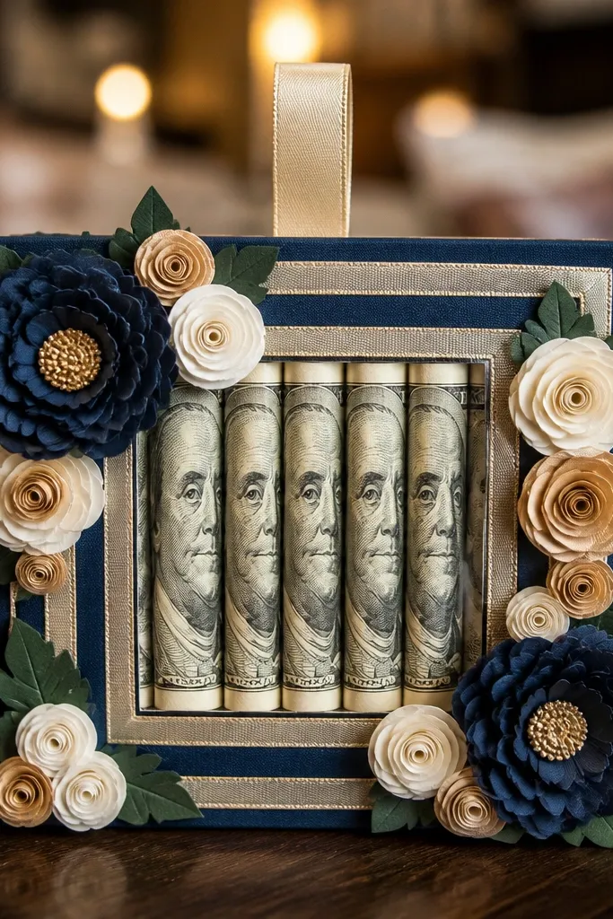 Small gift box bouquet with ribbon pull-out bills and layered paper
