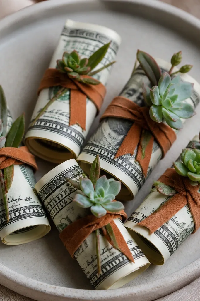 Rolled money bills wrapped with terracotta ribbon and tiny succulent picks