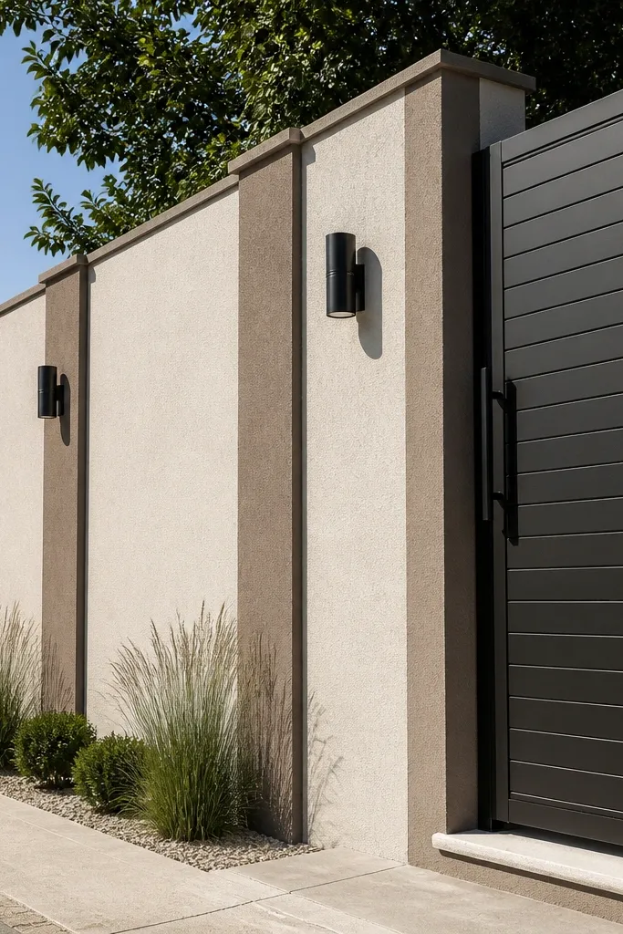 Light and sand wall divided by tall vertical panels with thin dark shadow lines
