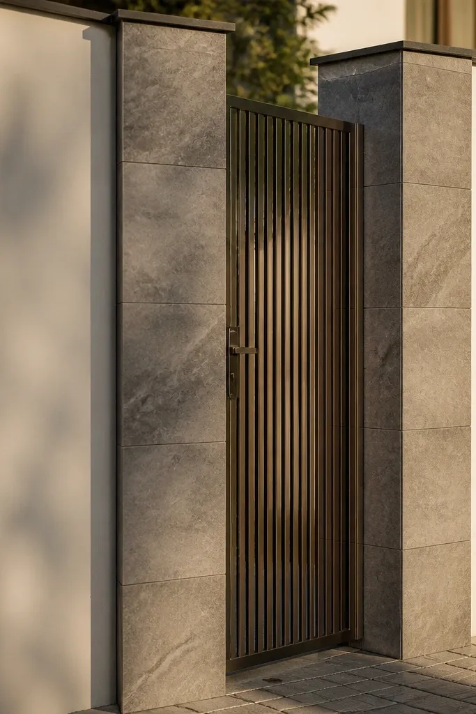 White wall with tall rectangular pilasters covered in grey stone-look tiles
