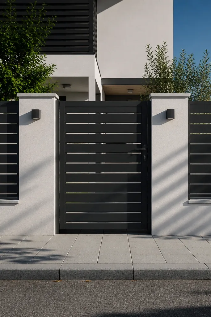 Dark charcoal slats across a wall with pale panels between slat sections