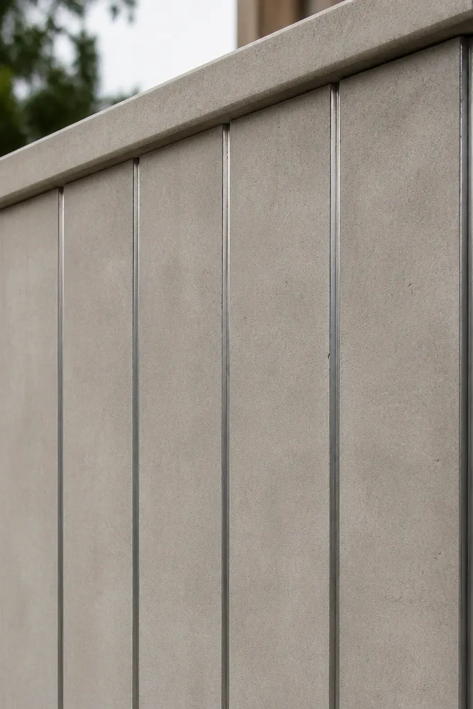 Smooth grey wall with narrow darker grooves running vertically