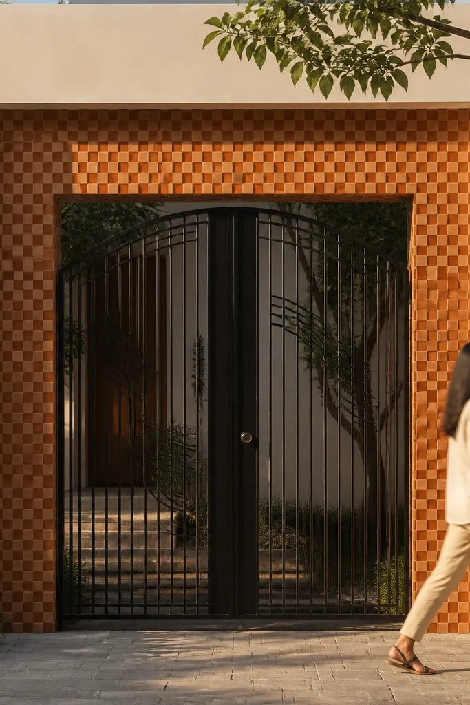 White wall with terracotta checkerboard panel around the gate area