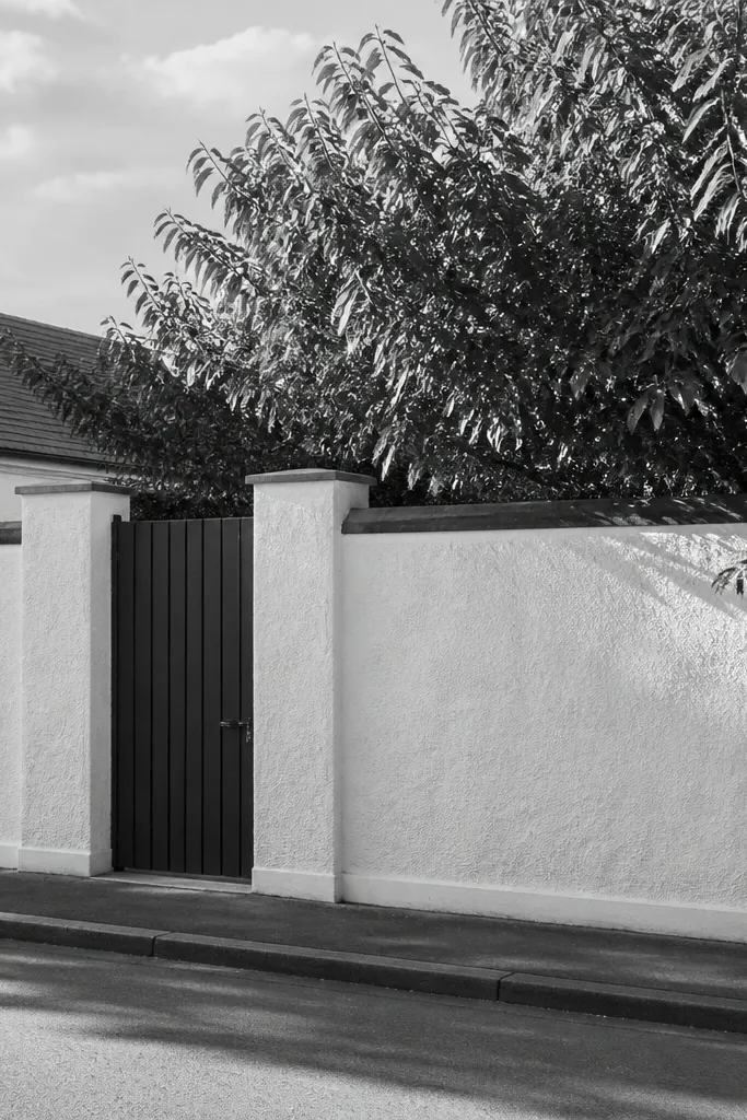 Matte white wall with rough limewash texture and dark grey top coping stones