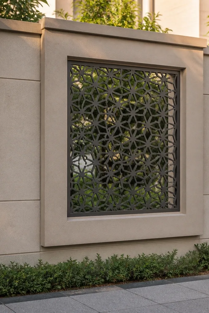 Wall with framed metal jali panels in repeating patterns