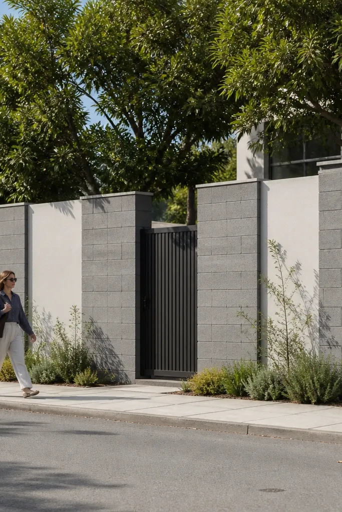 Smooth light wall with darker block columns spaced across the frontage