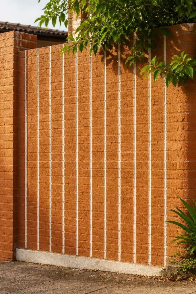 Brick-textured terracotta wall with thin white vertical stripes