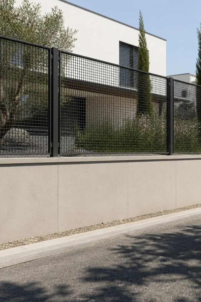 Lower solid wall with upper mesh panels framed in grey metal