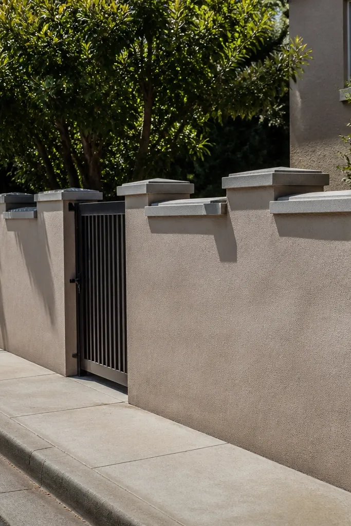 Wall with repeating stepped top coping blocks and clean straight faces