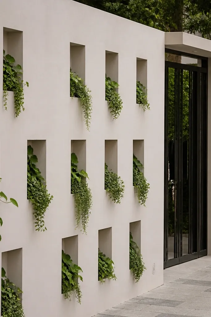 Wall with rectangular planter niches, soil visible inside, and a clean painted finish