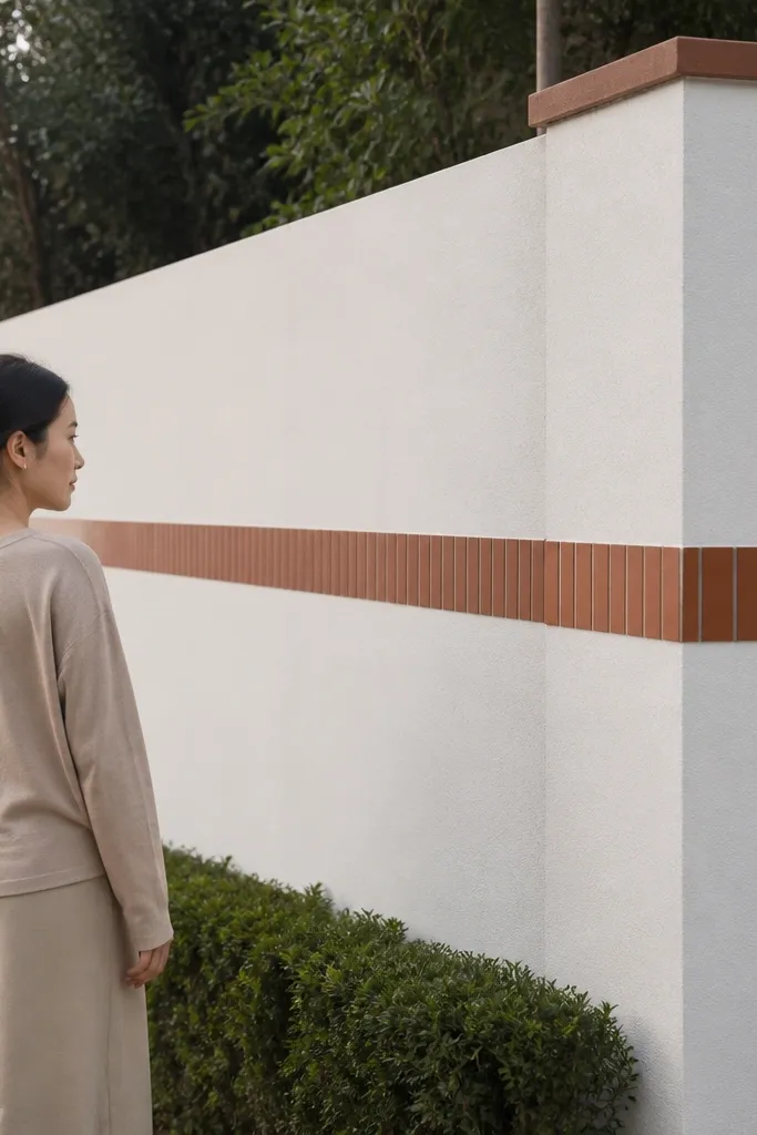 Light wall with a horizontal tile band near eye level and matching corner pieces