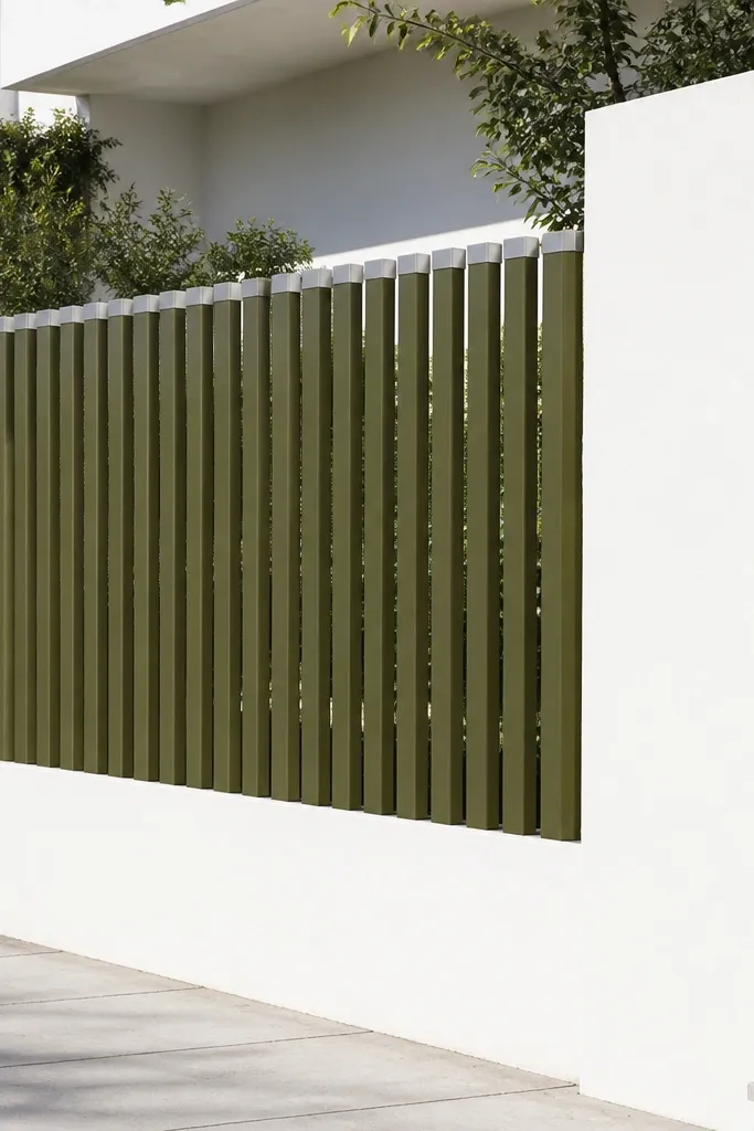 White wall with olive vertical slats and small metal caps at intervals