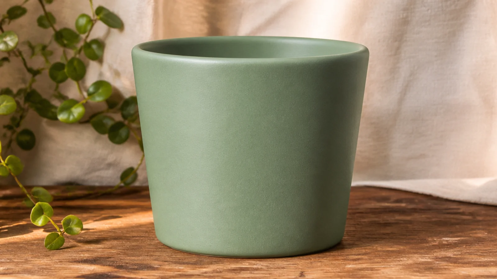 A small 3-inch pot painted one solid soft sage green all over with a smooth, even matte finish.