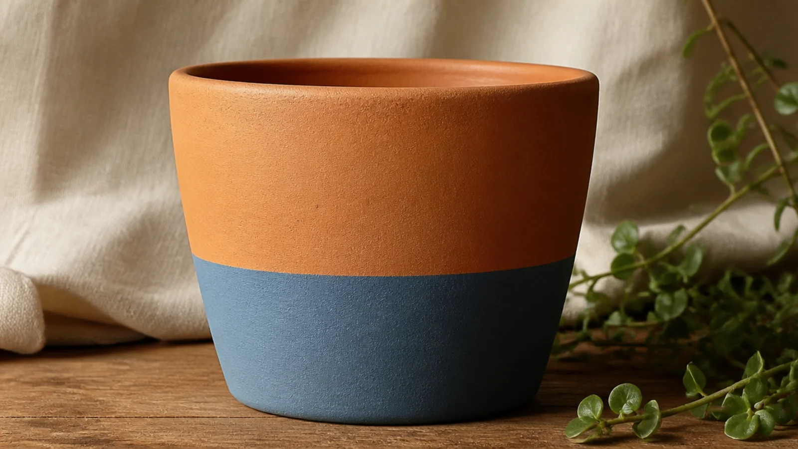 A small terracotta pot with the bottom third painted dusty blue in a clean horizontal line, the top left bare terracotta.