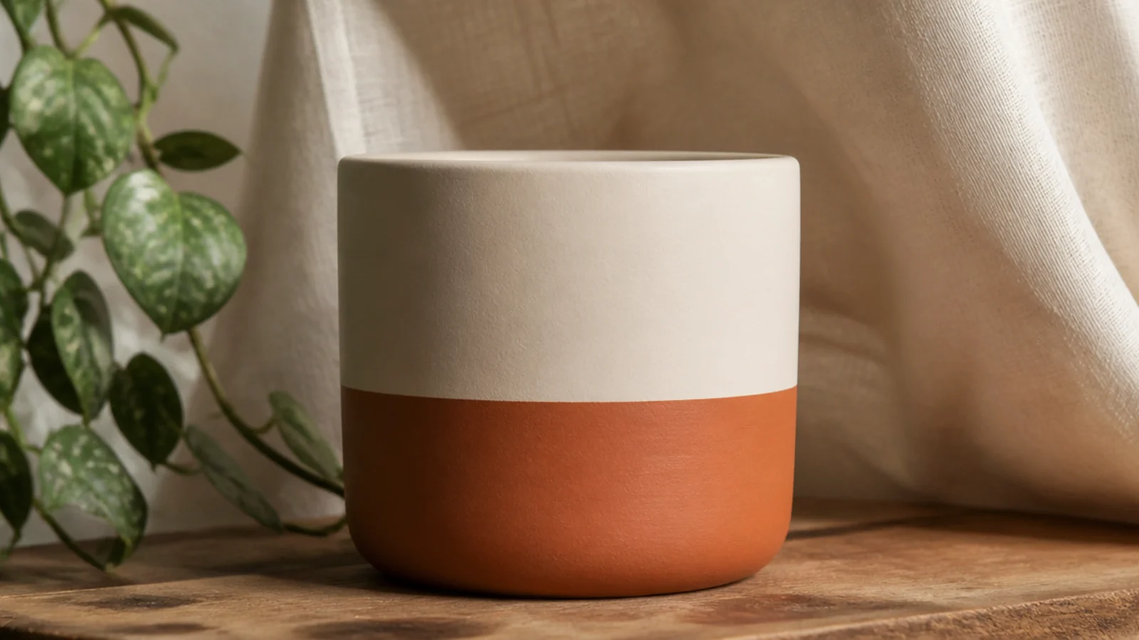 A small pot split into two colors, cream on top and terracotta on the bottom, divided by one crisp line around the middle.