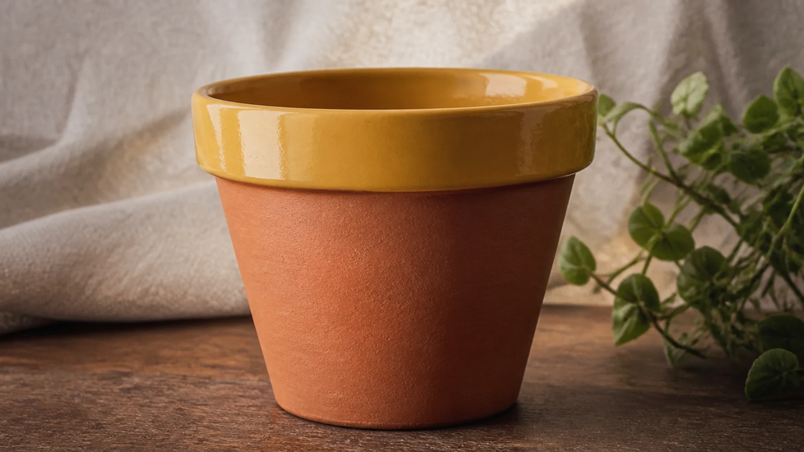 A small terracotta pot with only the flared top rim painted glossy mustard yellow, the body left bare clay.