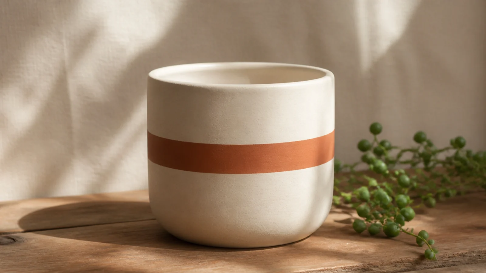 A cream small pot with one clean terracotta horizontal stripe wrapping around the middle, the rest left plain.