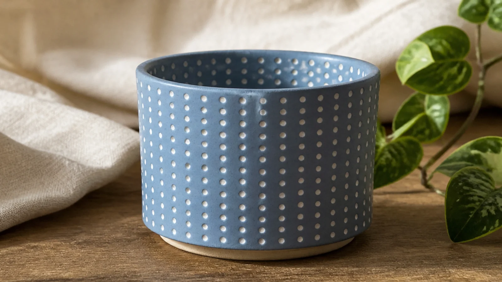 A dusty-blue small pot covered in a regular grid of small evenly spaced white dots across the whole body.